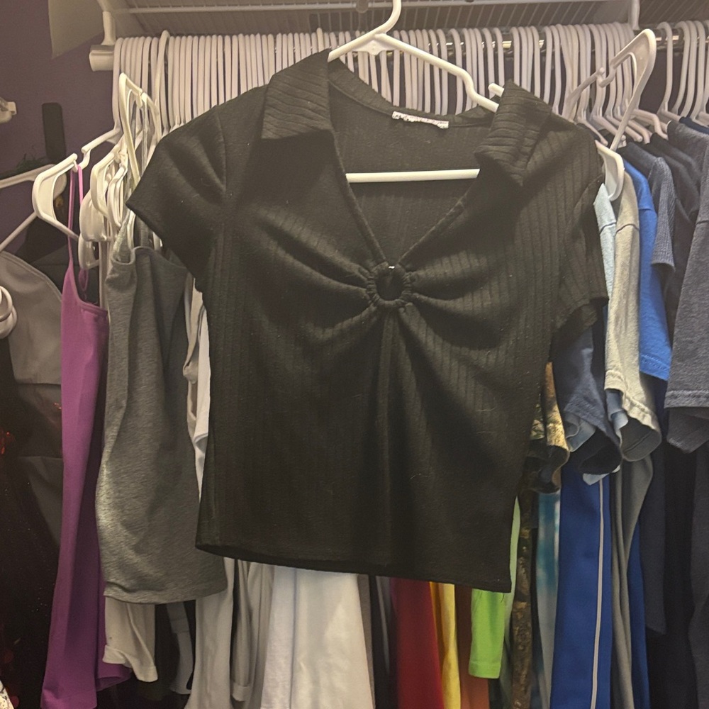 SO Black Ribbed Blouse with Ring Detail